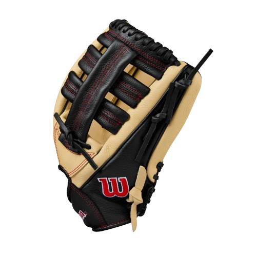 A photo of the Wilson A500 12.5" Outfield Youth Baseball Glove in colour black, tan and red. Side of the glove.