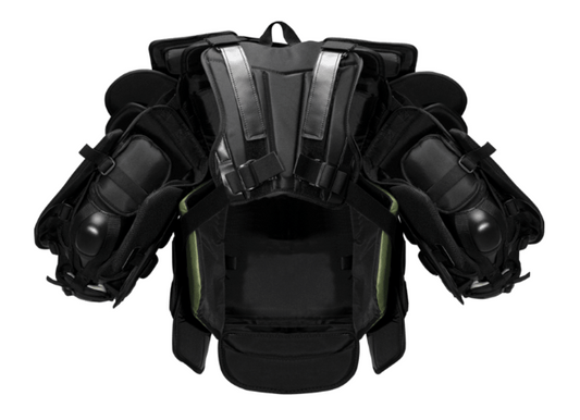 A photo of the Warrior Ritual X5 Pro Senior Chest & Arm Protector in colour white, black and green. Back of the equipment view.