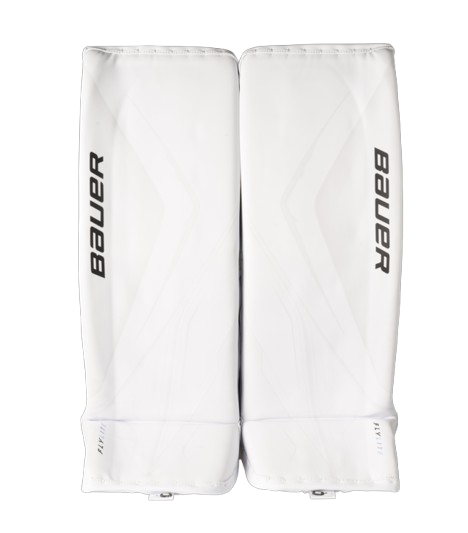 A photo of the Bauer Vapor Flylite Goalie Pads (2025) in colour white. Front of the pads.