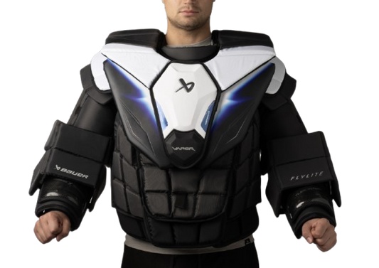 A photo of the Bauer Vapor Flylite Senior Chest Protector (2025) in colour white, blue, and black. Front of the pads.