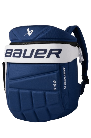 A photo of the Bauer Youth Glove Backpack in Toronto colours, navy and white.