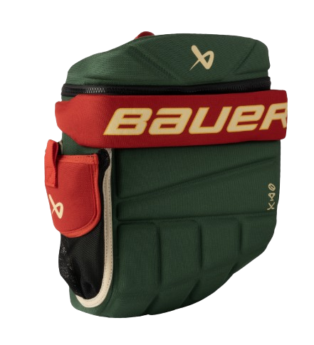 A photo of the Bauer Youth Glove Backpack in Minnesota colours, green and red.
