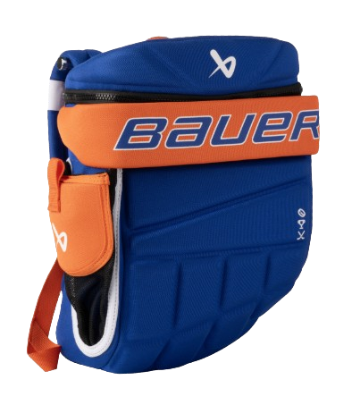 A photo of the Bauer Youth Glove Backpack in New York Islanders colours, Blue and orange.