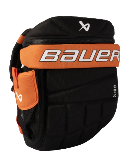 A photo of the Bauer Youth Glove Backpack in Philadelphia colours, black and orange.