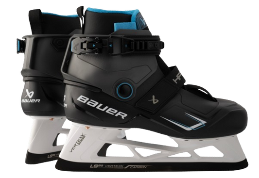 A photo of the Bauer Konekt HF3 Senior Goalie Skates in colour black, white, and blue.