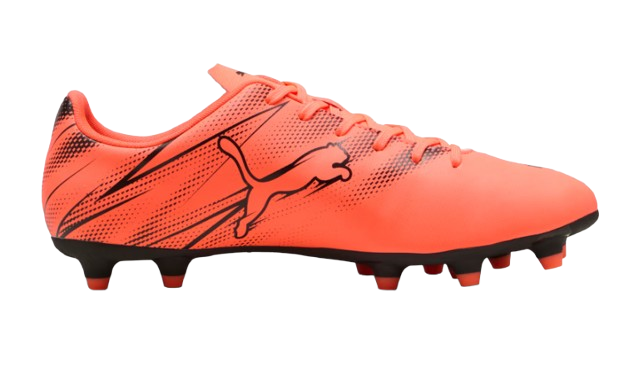 A photo of the Puma Attacanto FG/AG Youth Soccer Cleats in colours black and glowing red, side view with logo.
