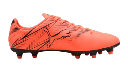 A photo of the Puma Attacanto FG/AG Youth Soccer Cleats in colours black and glowing red, side view with logo.