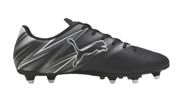 A photo of the Puma Attacanto FG/AG Youth Soccer Cleats in colours black and silver, side view with logo.