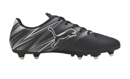 A photo of the Puma Attacanto FG/AG Youth Soccer Cleats in colours black and silver, side view with logo.