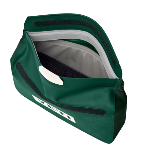 A photo of the YETI SideKick Dry 3L Waterproof Gear Bag in colour black forest green, open bag.