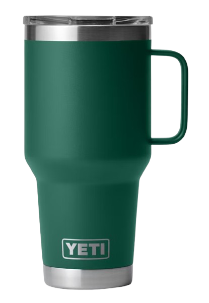 A photo of the Yeti Rambler 30oz Travel Mug in colour black forest green.