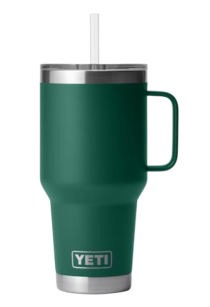 A photo of the Yeti Rambler 35oz Straw Mug in colour black forest green.