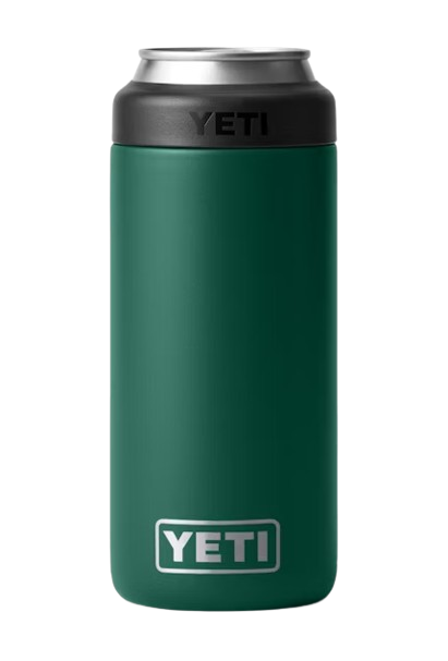 A photo of the Yeti Rambler Colster Slim Can in colour black forest green.