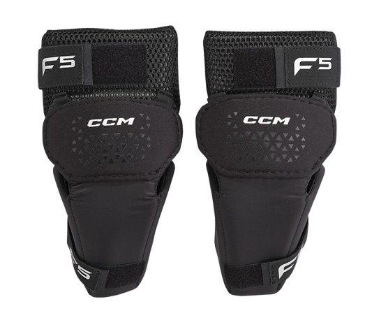 A photo of the CCM F5 Senior Goalie Knee Guards in colour black and white.