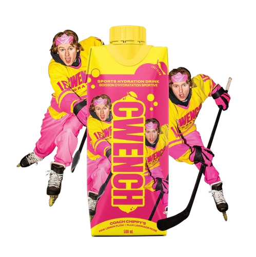 A photo of the CWENCH Pink Lemon Flow Hydration Drink in colour yellow and pink. With Coach Chippy.