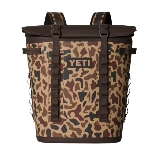 A photo of the Yeti Hopper M20 Backpack Soft Cooler front view in wetlands camo.