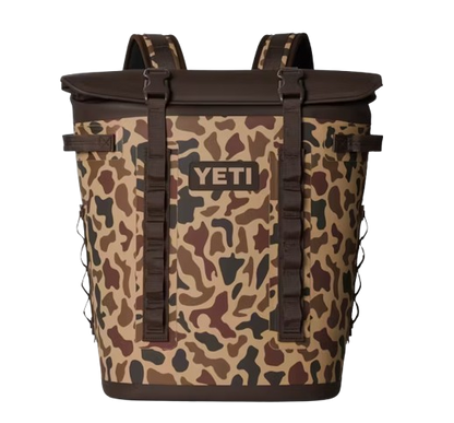 A photo of the Yeti Hopper M20 Backpack Soft Cooler front view in wetlands camo.