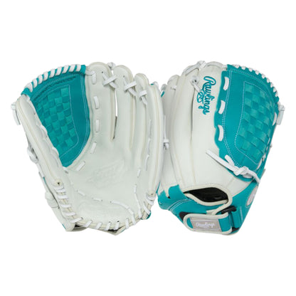A photo of the Rawlings Shut Out 12.5" Fastpitch Glove in colour white and blue.