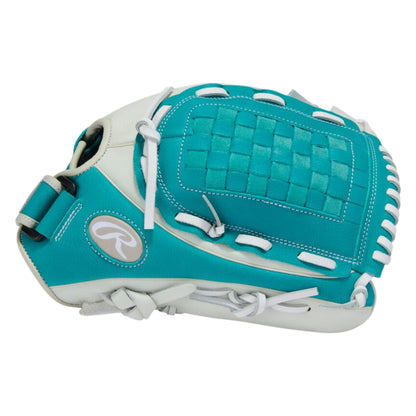 A photo of the Rawlings Shut Out 12.5" Fastpitch Glove in colour white and blue.