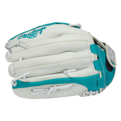 A photo of the Rawlings Shut Out 12.5" Fastpitch Glove in colour white and blue.