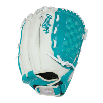 A photo of the Rawlings Shut Out 12.5" Fastpitch Glove in colour white and blue.