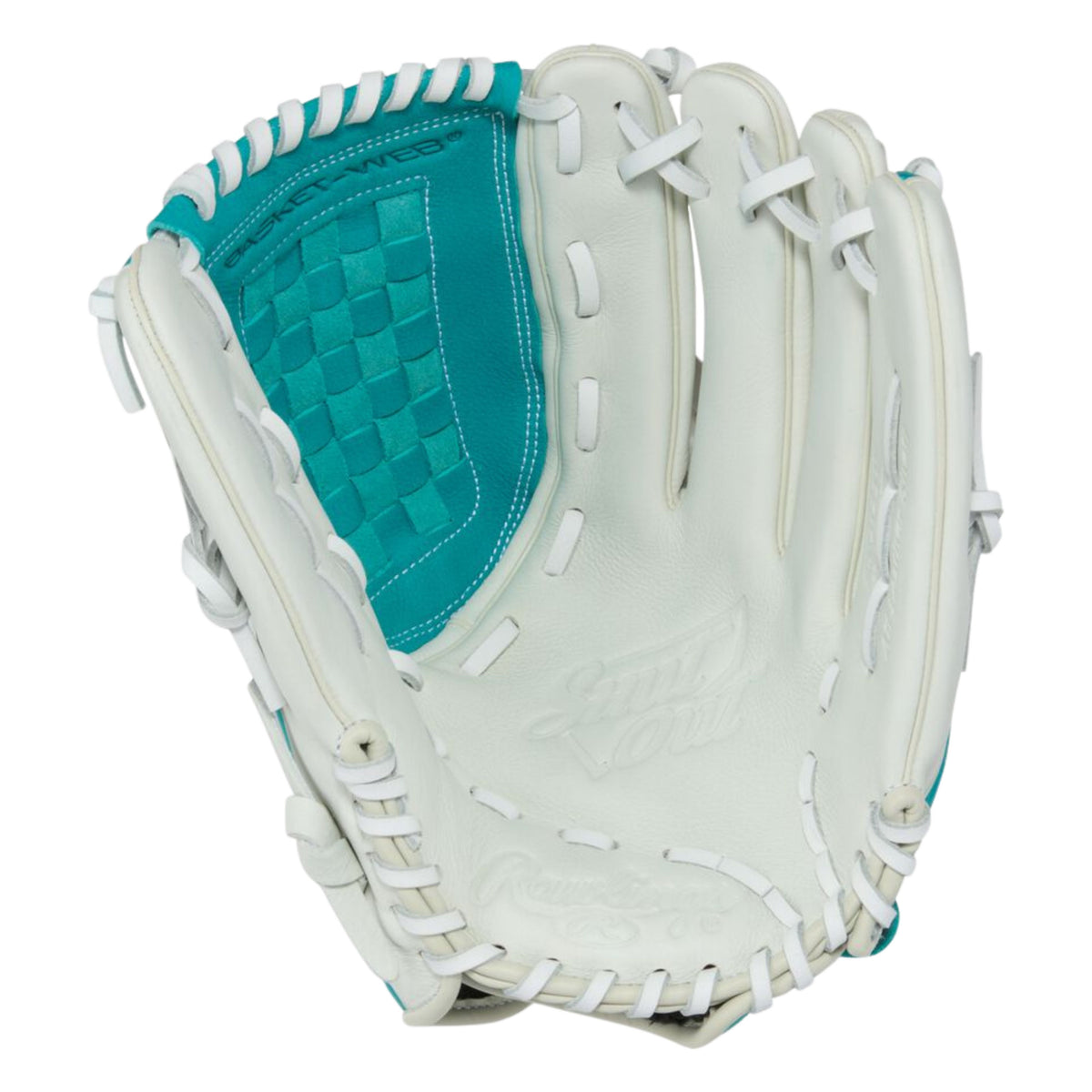 A photo of the Rawlings Shut Out 12.5" Fastpitch Glove in colour white and blue.