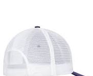ATC Side view of 6 piece trucker hat. Two piece white mesh with ventilation grommet.