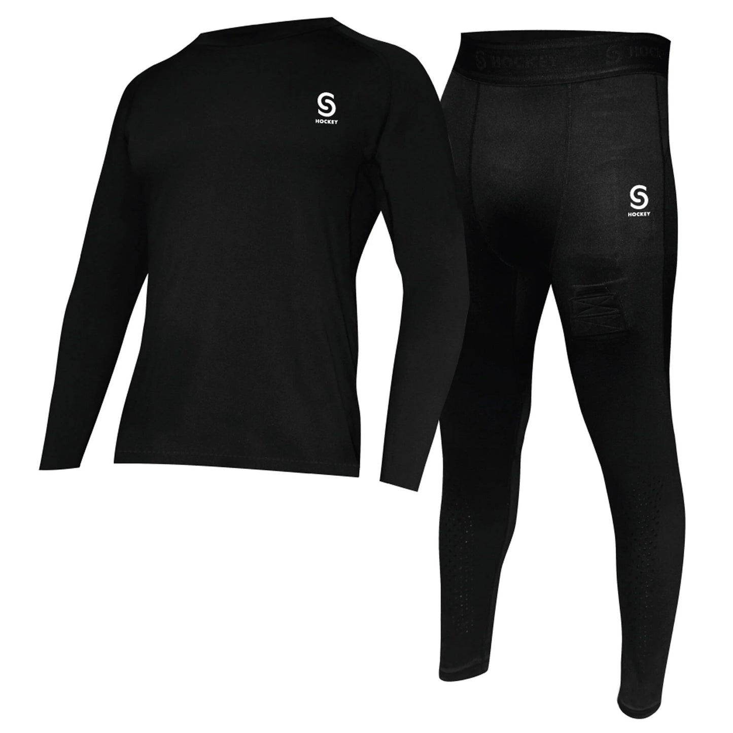 A photo of the Source for Sports Fitted Base Layer 2-Piece Junior Set with shirt and leggings, in colour black.