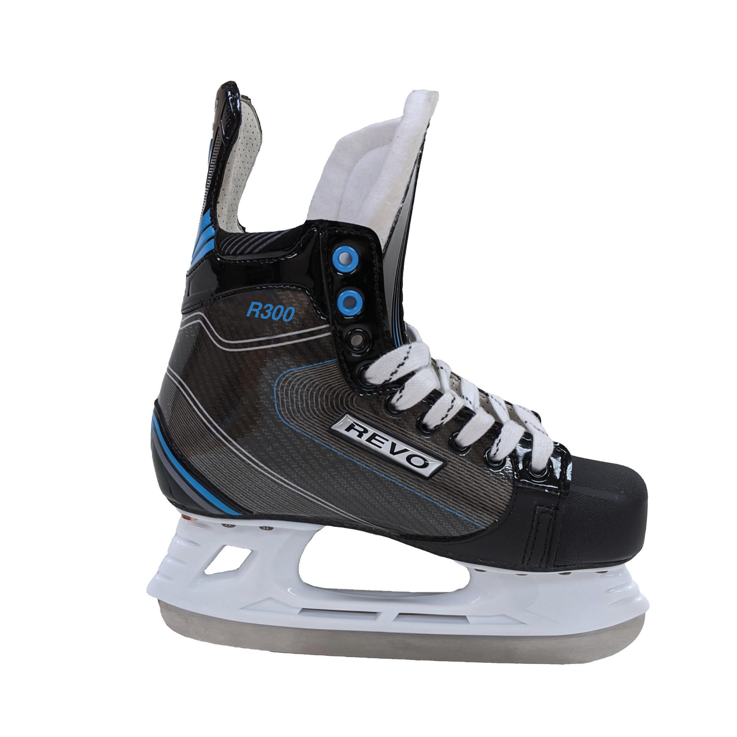 A photo of the Berio Revo R300 Senior Hockey Skate in colour black with blue font side view.