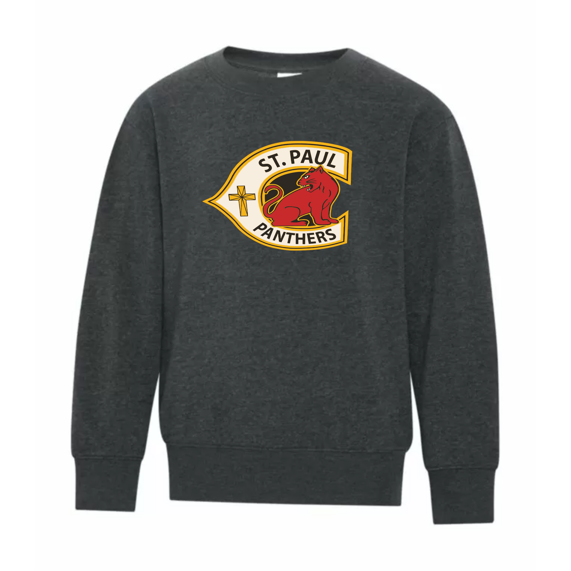 A photo of the St. Paul Catholic Elementary School Panthers - Youth Crewneck Sweatshirt in colour grey.