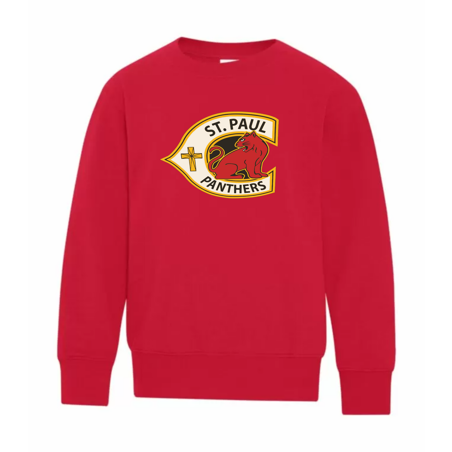 A photo of the St. Paul Catholic Elementary School Panthers - Youth Crewneck Sweatshirt in colour red.