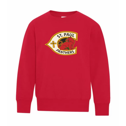 A photo of the St. Paul Catholic Elementary School Panthers - Youth Crewneck Sweatshirt in colour red.