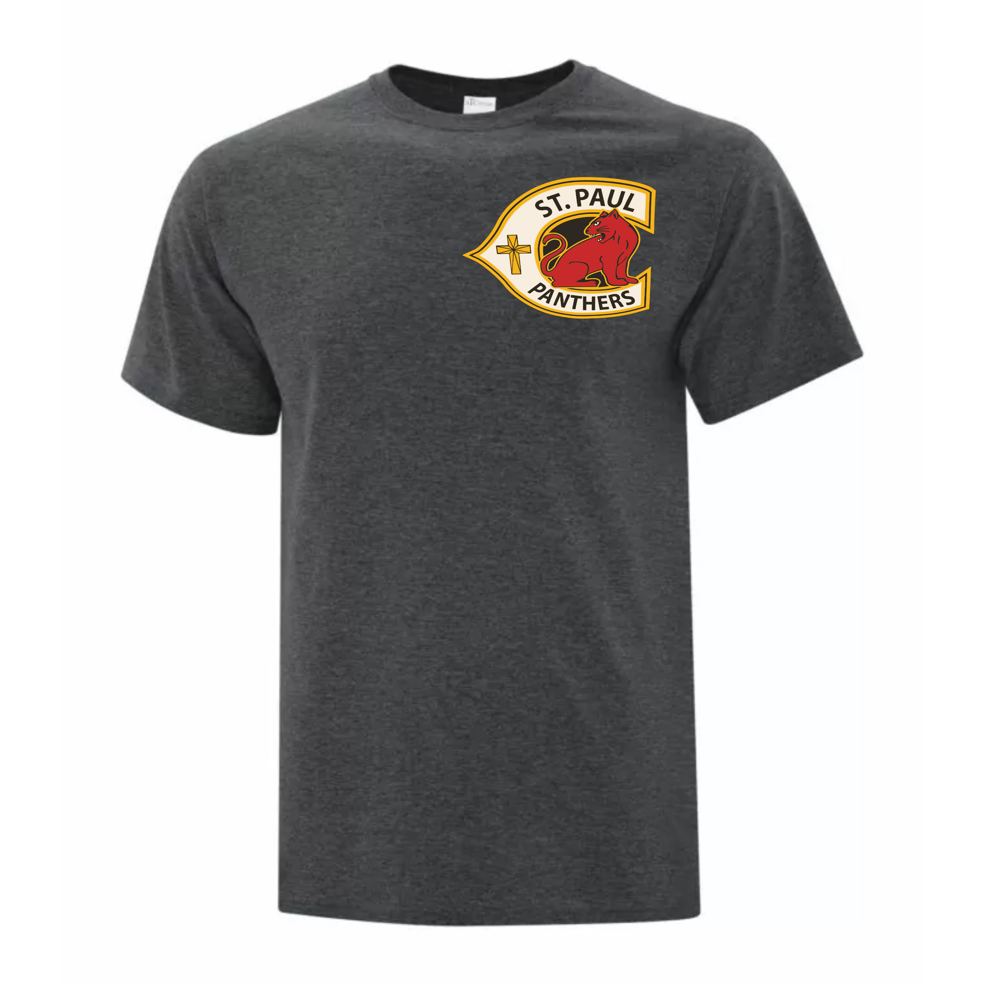 A photo of the St. Paul Catholic Elementary School Panthers - Adult T-Shirt in colour dark grey.