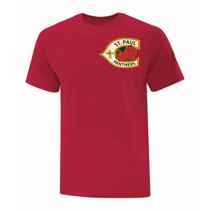 A photo of the St. Paul Catholic Elementary School Panthers - Adult T-Shirt in colour red.