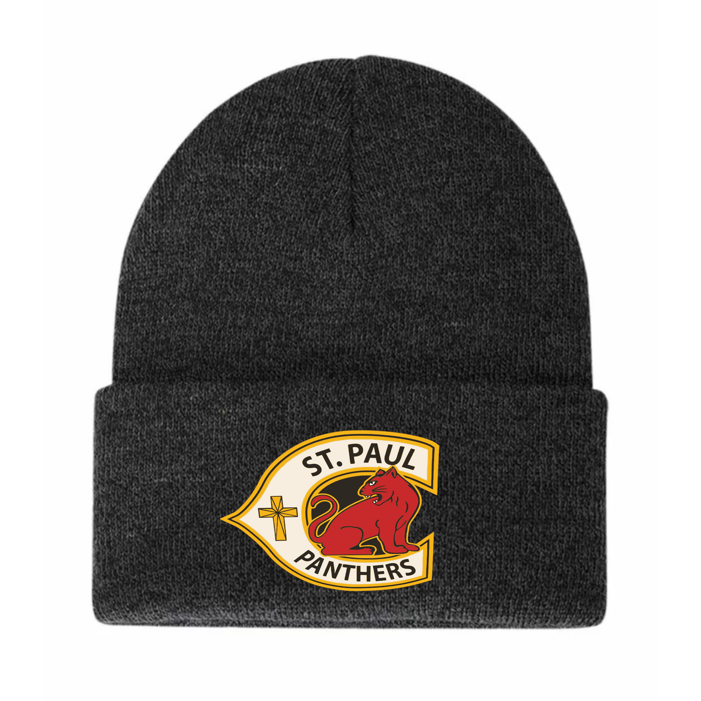 A photo of the St. Paul Catholic Elementary School Panthers - Knit Cuff Toque in colour dark grey.