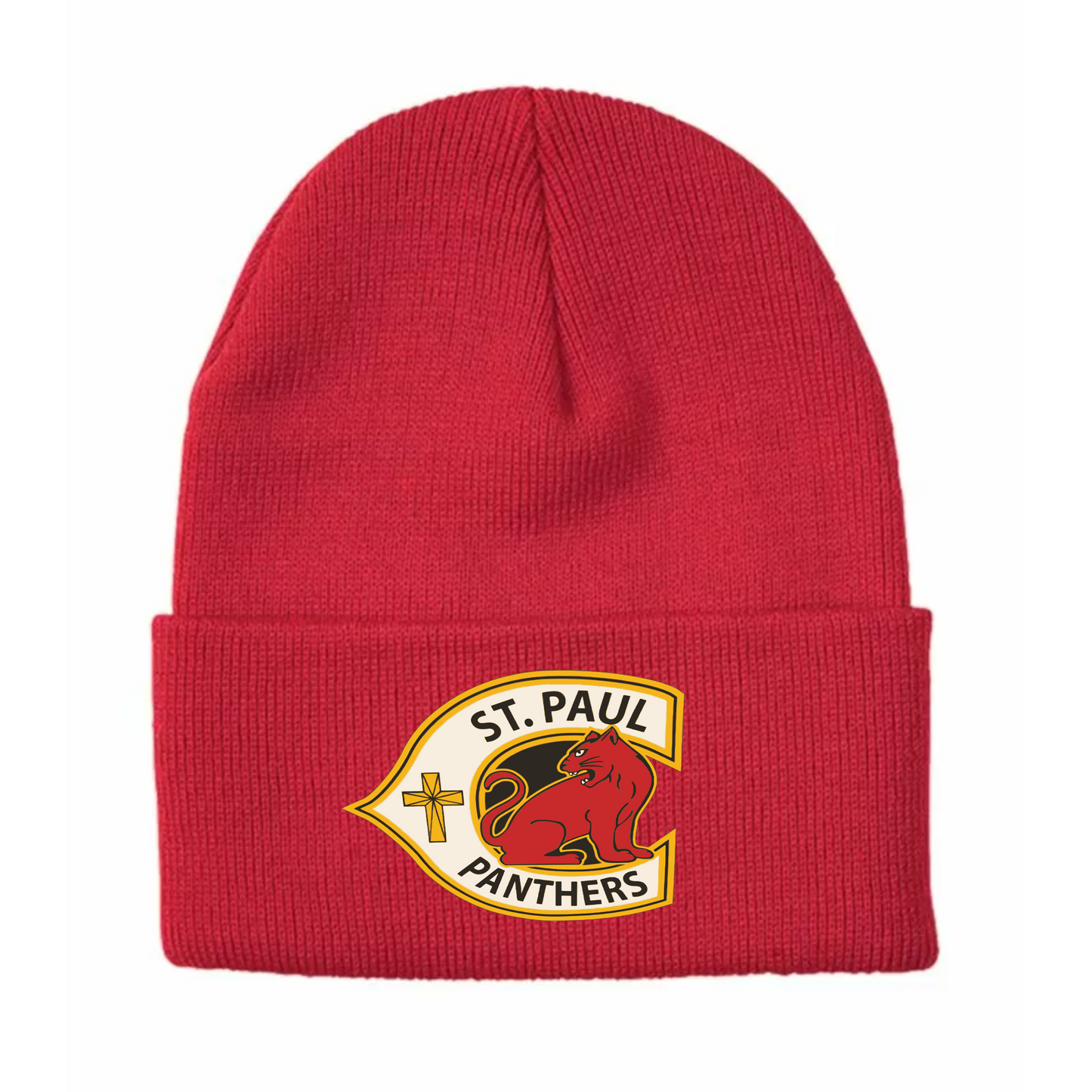 A photo of the St. Paul Catholic Elementary School Panthers - Knit Cuff Toque in colour red.