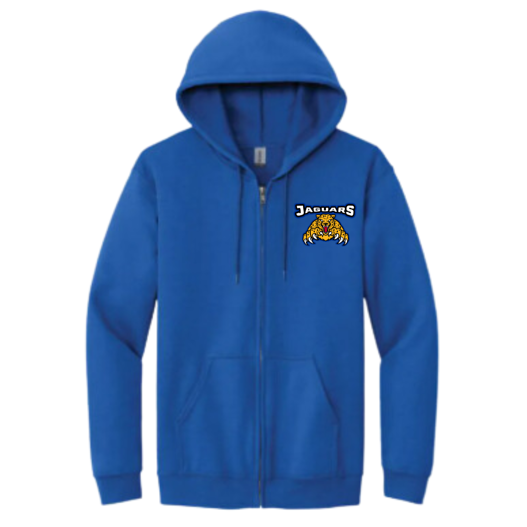 A royal blue St John Catholic Elementary School Gildan Full Zip Hooded Sweatshirt