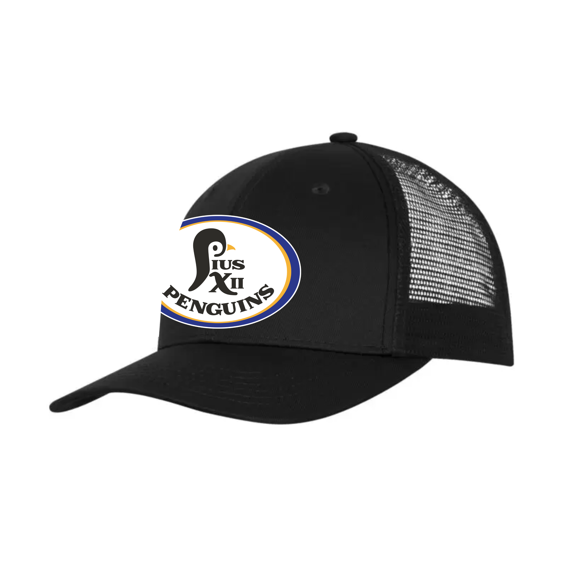 A photo of the St Paul Pius XII Penguins - Snapback Trucker Hat in colour black.