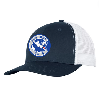 Sudbury Cubs Snapback trucker hat in colour navy and white, front view.