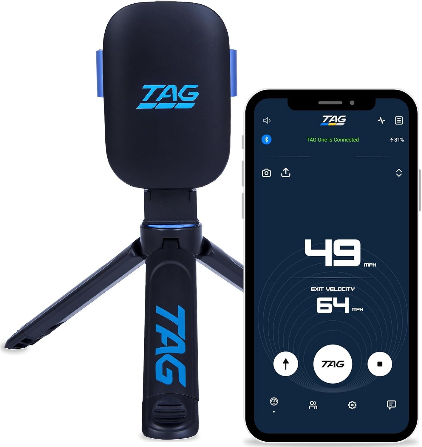 A photo of the TAG One Sports Radar in navy blue, with a phone app displayed beside it.