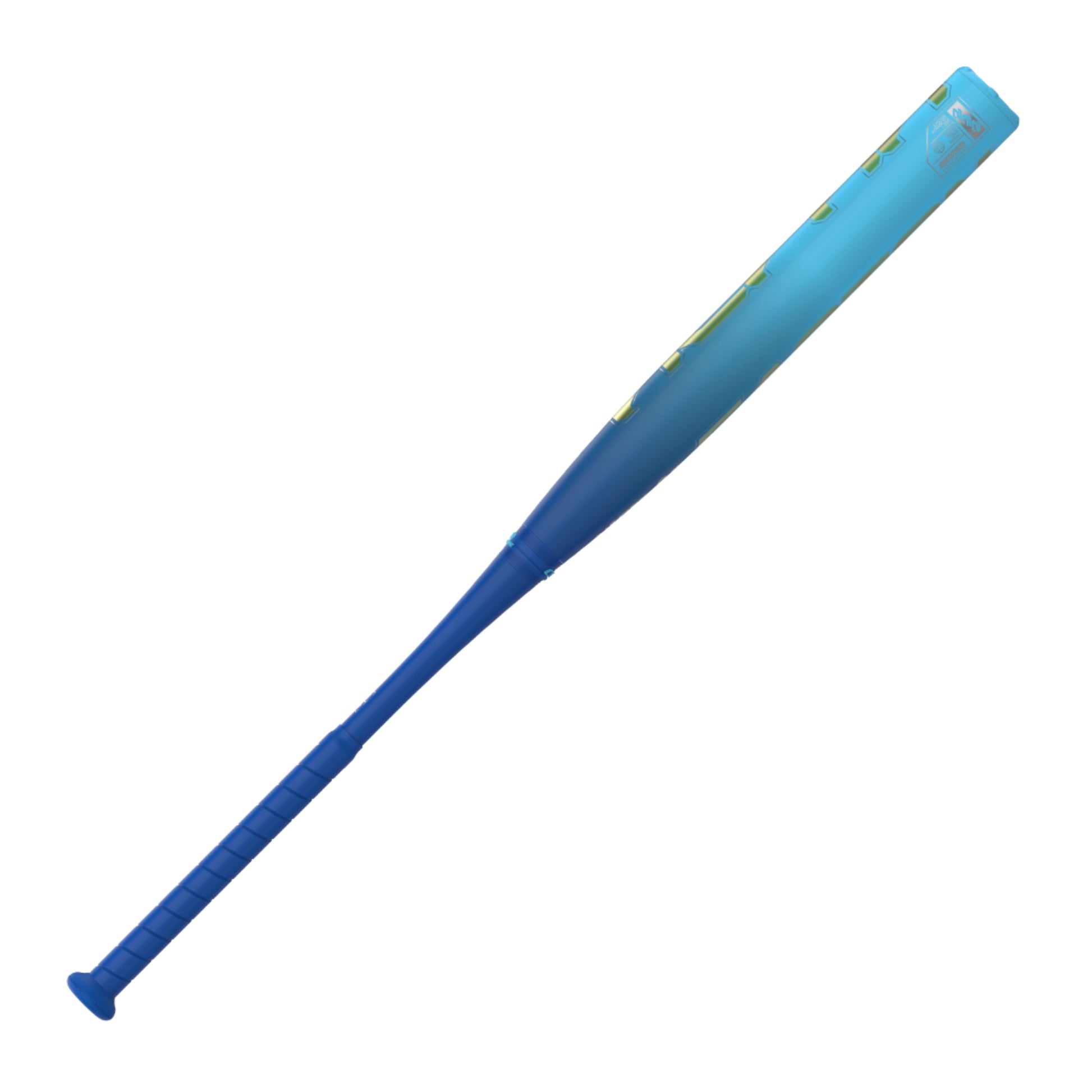 A photo of the The Easton Alpha 232 Loaded 12.5" 2-Piece Slo-pitch Bat in colour blue, teal and gold.