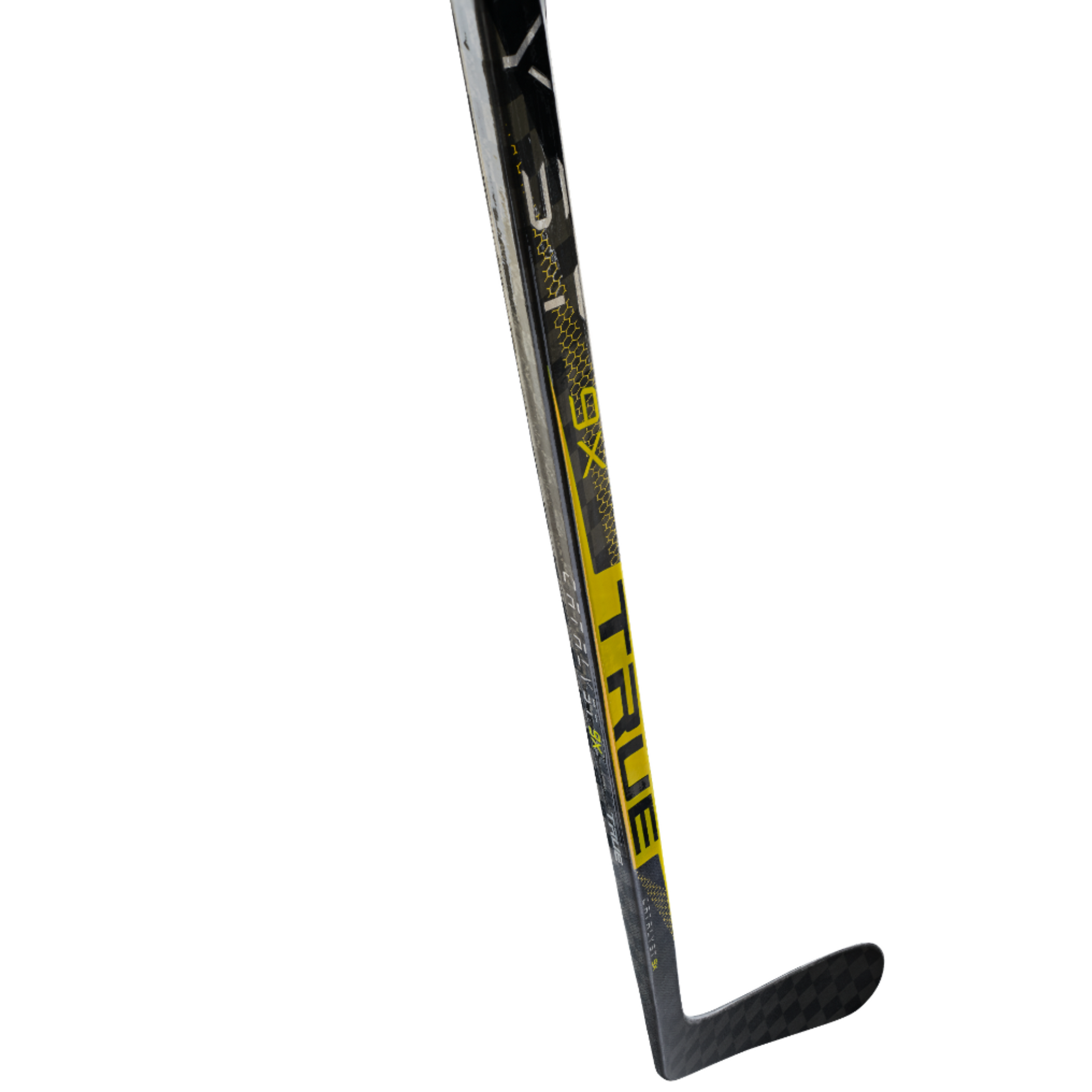 A photo of the True Catalyst 9X Junior Hockey Stick in colour yellow and black. Blade view.