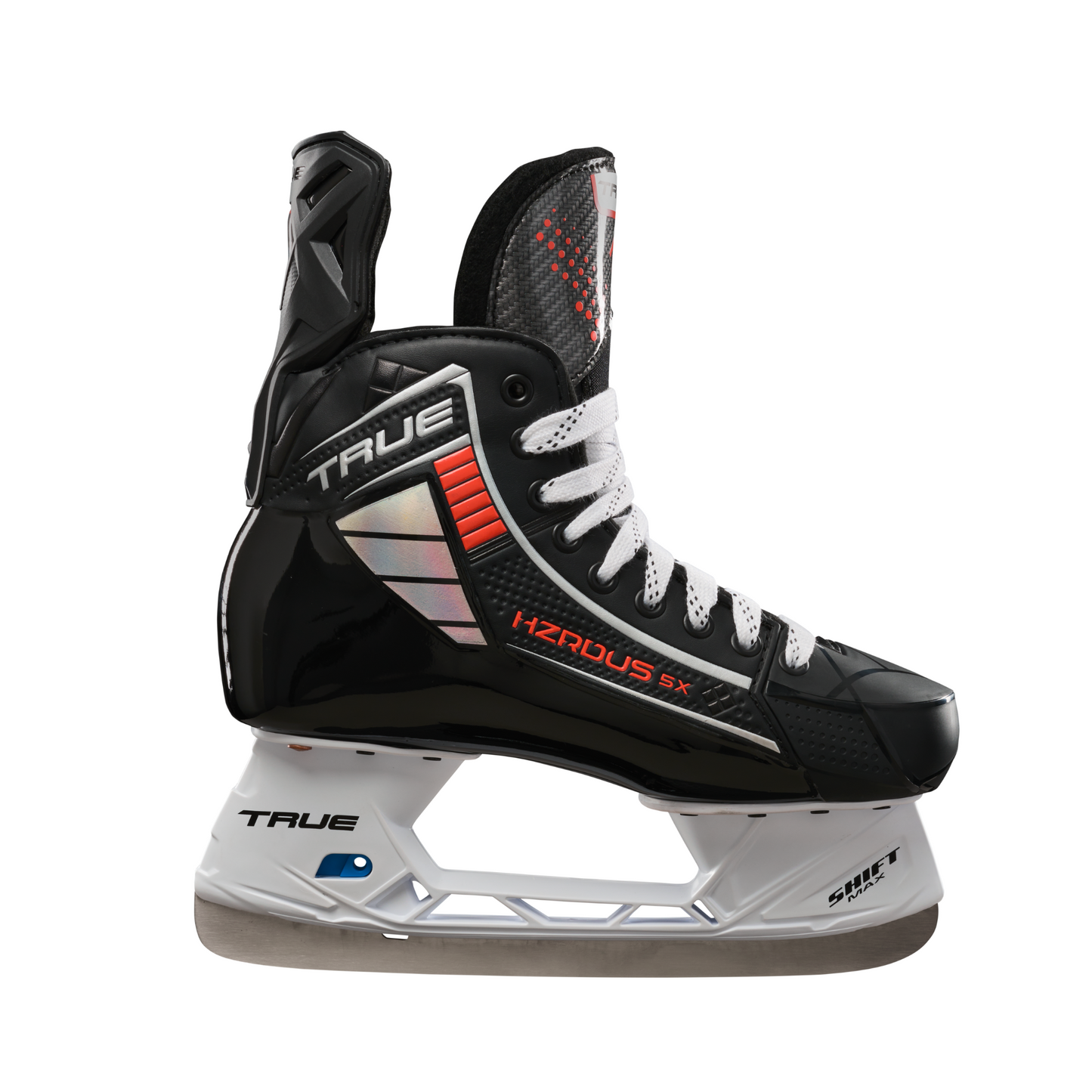 A photo of the True HZERDUS 5X Senior Hockey Skate in colour black and red side view.