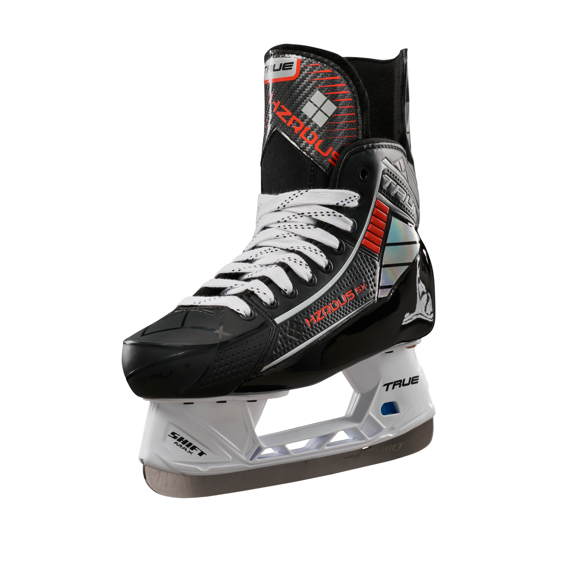 A photo of the True HZERDUS 5X Senior Hockey Skate in colour black and red angled view.