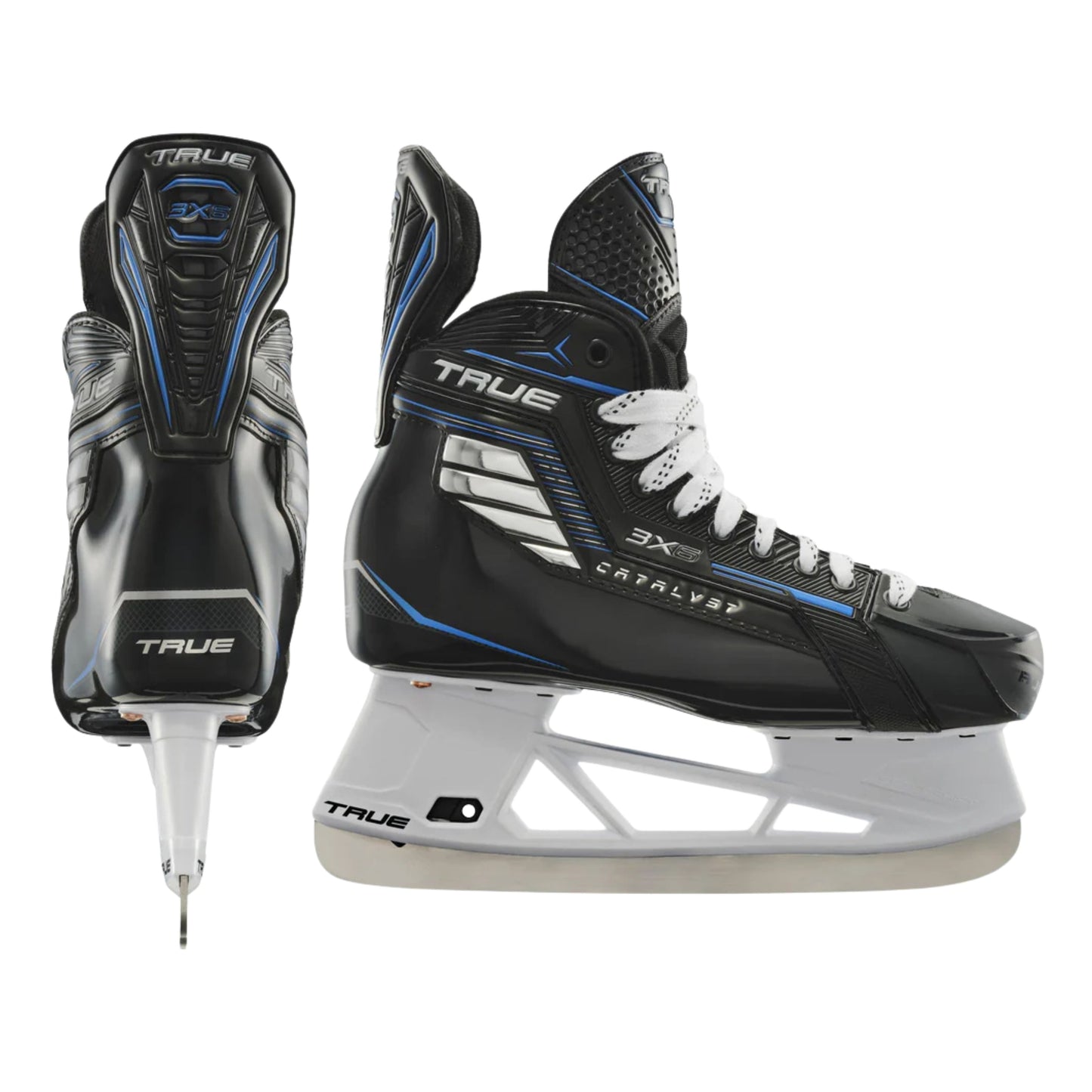 A photo of the True Hockey Catalyst 3X6 Hockey Skates (2026) in colouir black and blue with white laces and a silver TRUE logo.