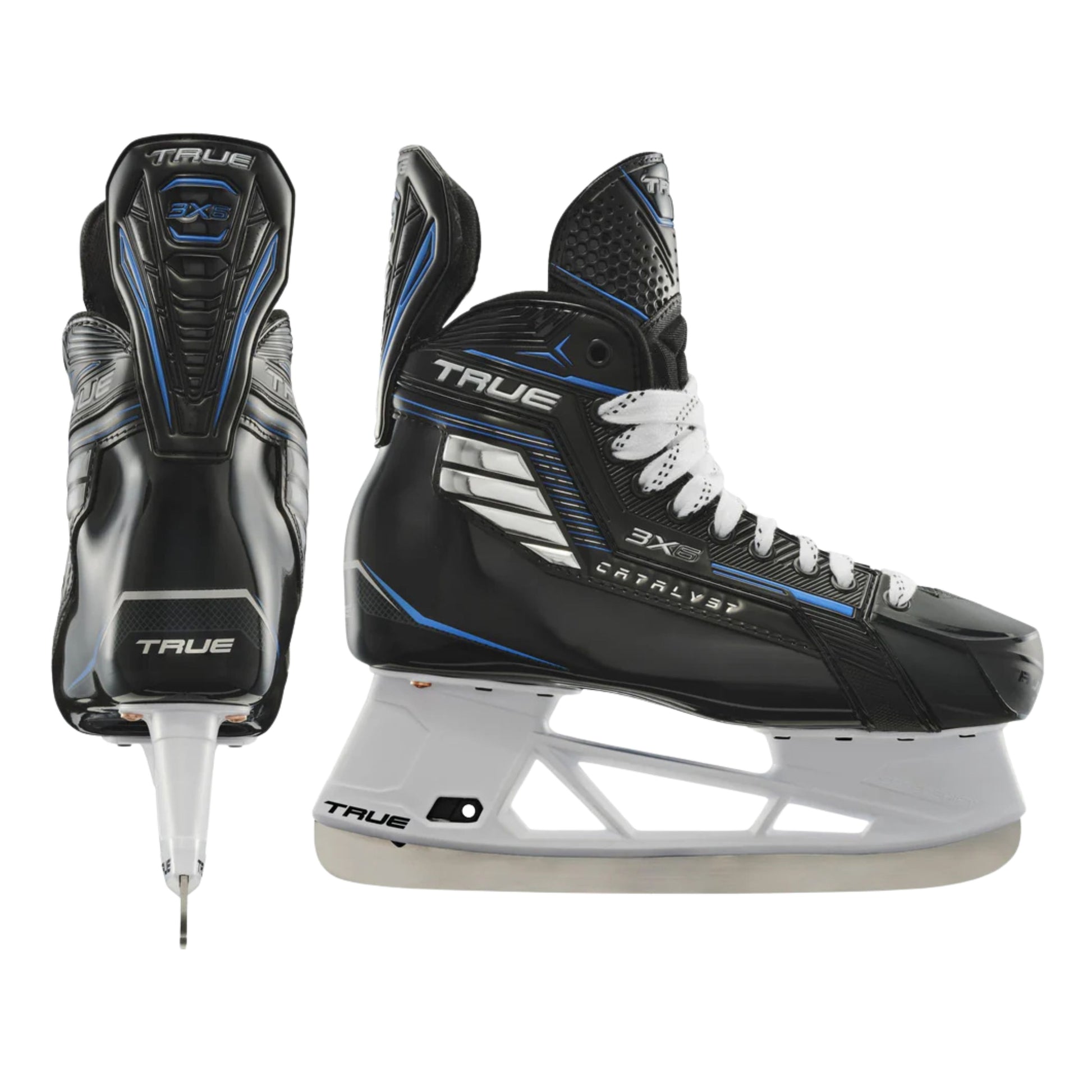 A photo of the True Hockey Catalyst 3X6 Hockey Skates (2026) in colouir black and blue with white laces and a silver TRUE logo.