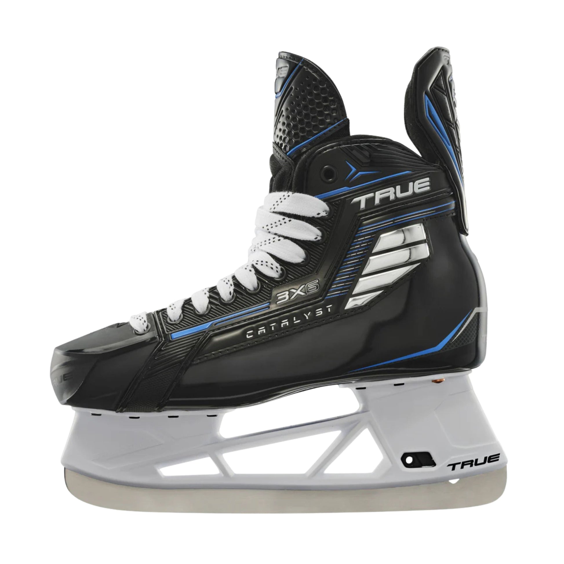 A photo of the True Hockey Catalyst 3X6 Hockey Skates (2026) in colouir black and blue with white laces and a silver TRUE logo.