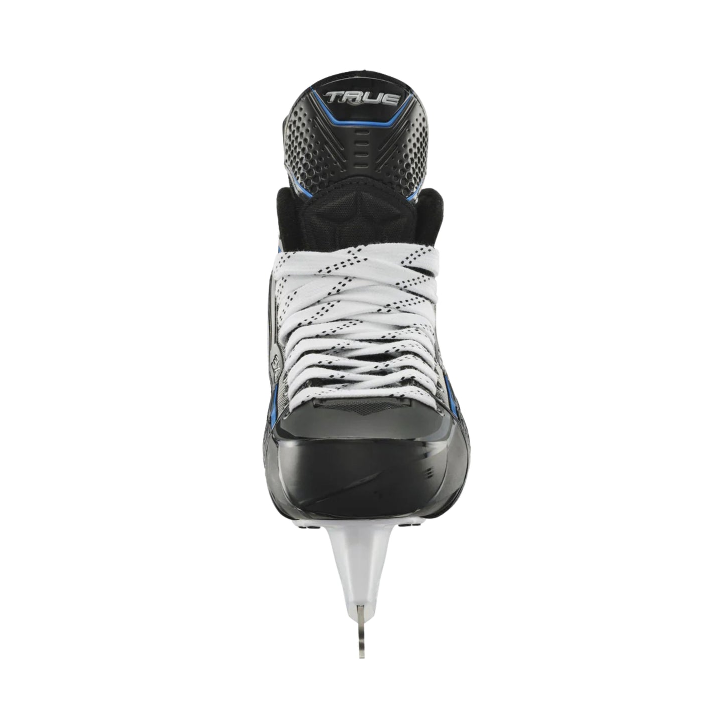 A photo of the True Hockey Catalyst 3X6 Hockey Skates (2026) in colouir black and blue with white laces and a silver TRUE logo.