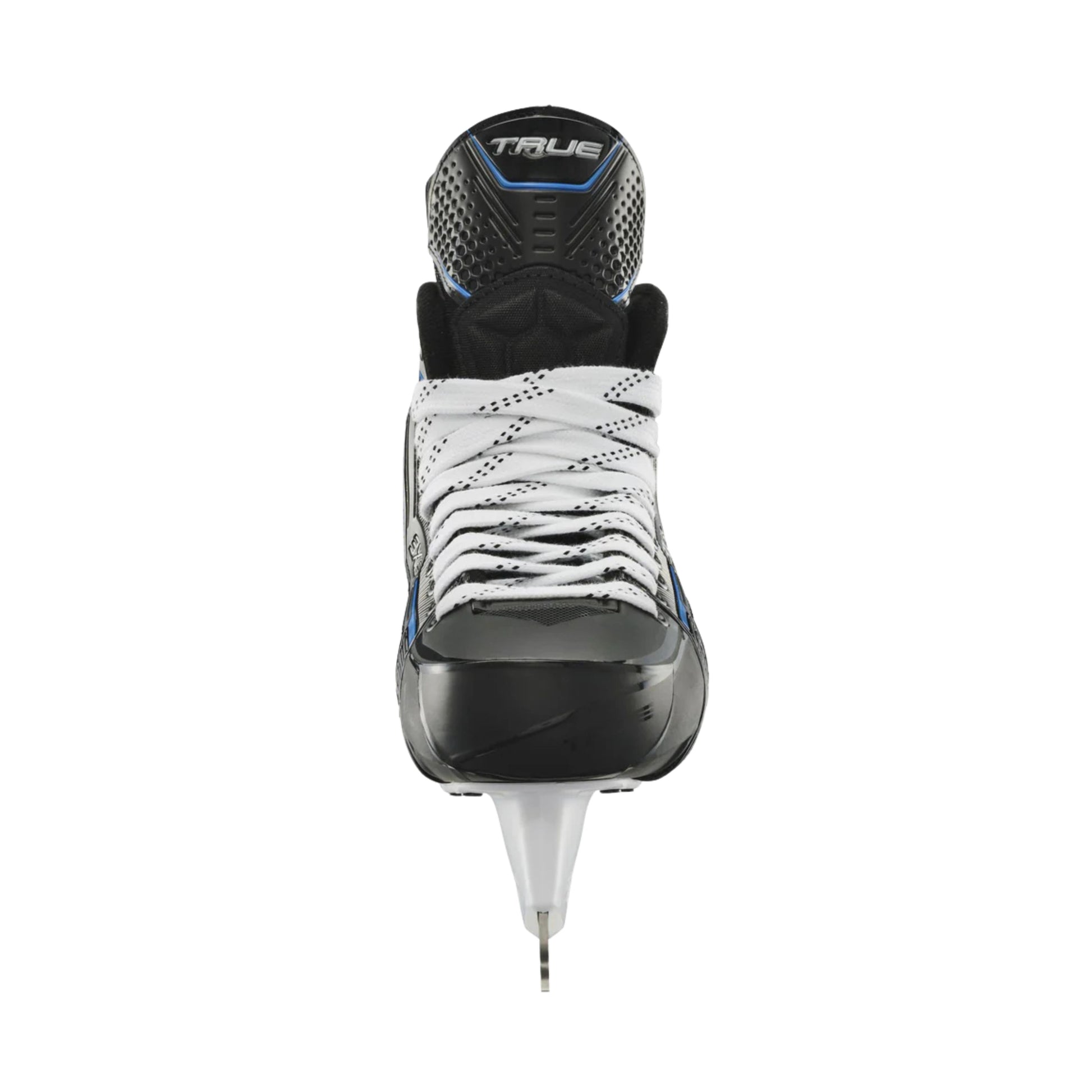 A photo of the True Hockey Catalyst 3X6 Hockey Skates (2026) in colouir black and blue with white laces and a silver TRUE logo.