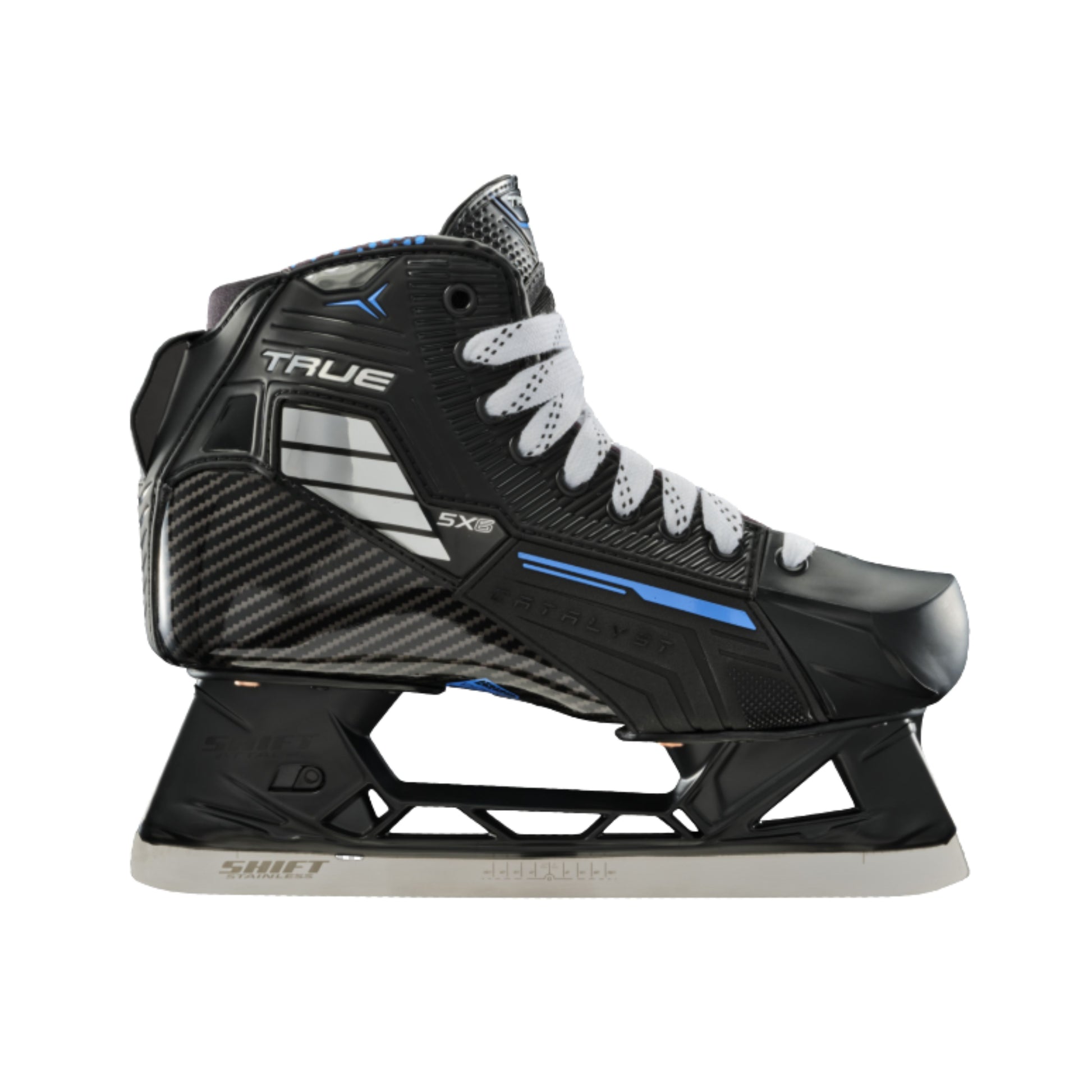A photo of the True Hockey Catalyst 5X6 Goalie Skate in colour black and blue. 